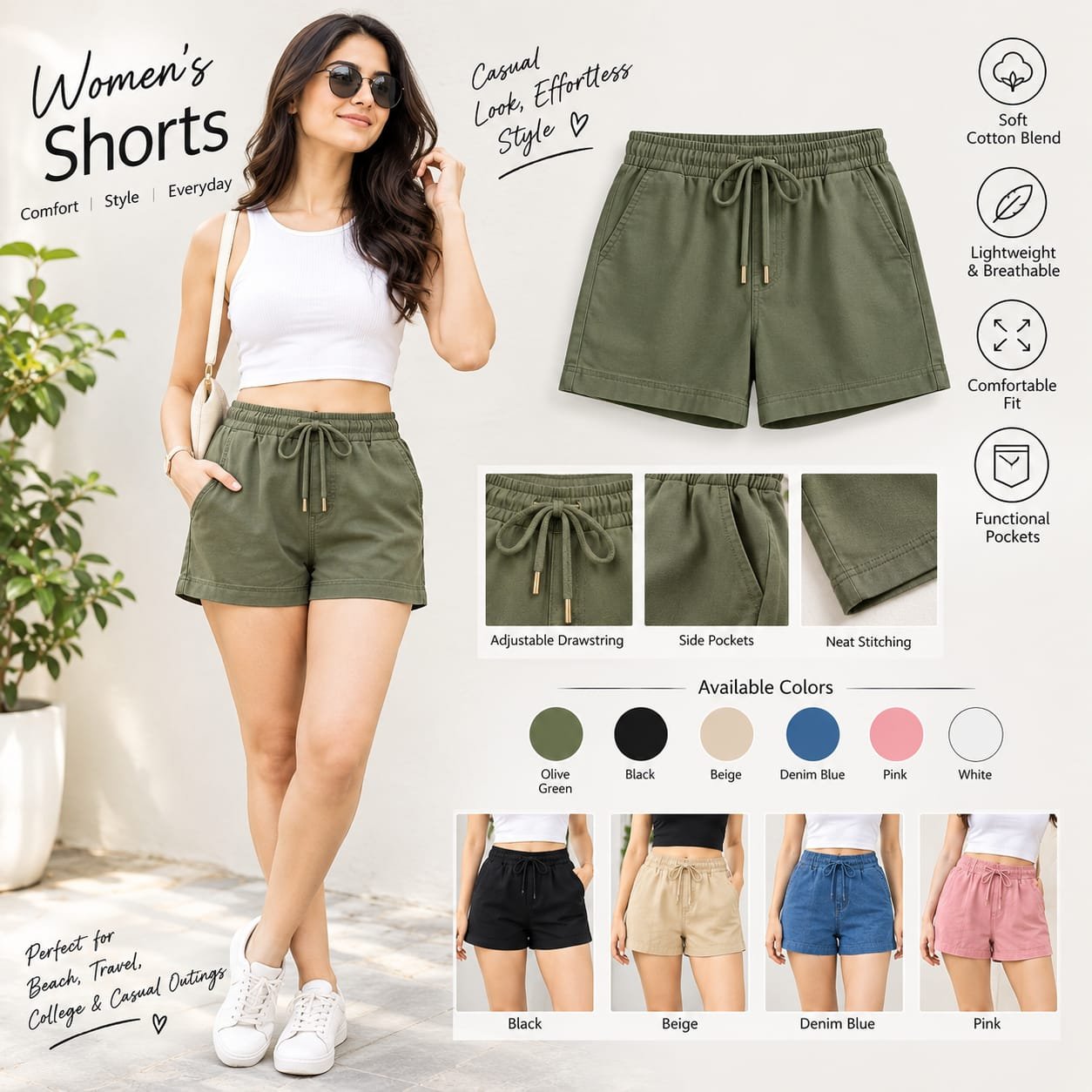 Women's shorts catalog featuring comfortable everyday styles