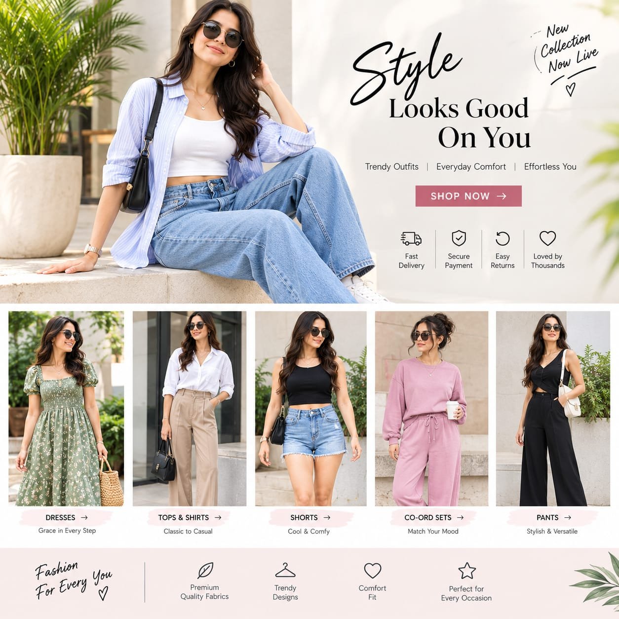 Style lookbook featuring dresses, tops, shorts, co-ord sets, and pants